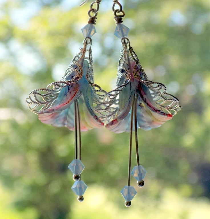 Opal Blue Hand Painted Lucite Lily Flower Earrings, Floral Boho Vintage Style 