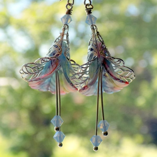 Opal Blue Hand Painted Lucite Lily Flower Earrings, Floral Boho Vintage Style 