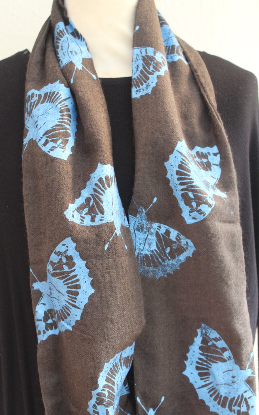 Grey and blue cotton blend infinity scarf, hand printed butterfly pattern scarf