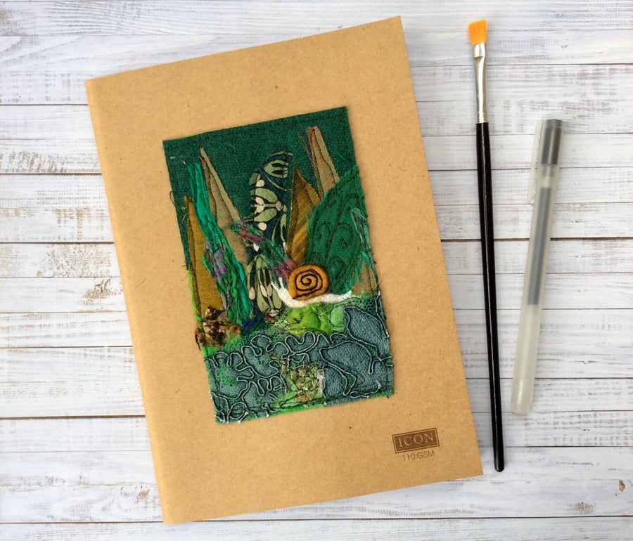 A5 embroidered Garden with snail sketchbook, journal or scrapbook.  
