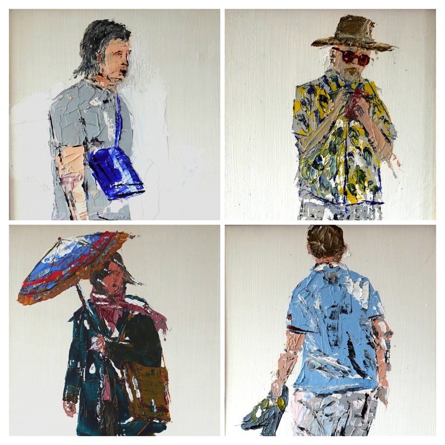 'Seaside', 4 original oil knife paintings framed set 8.5x25inch (22x64cm).