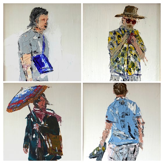 'Seaside', 4 original oil knife paintings framed set 8.5x25inch (22x64cm).