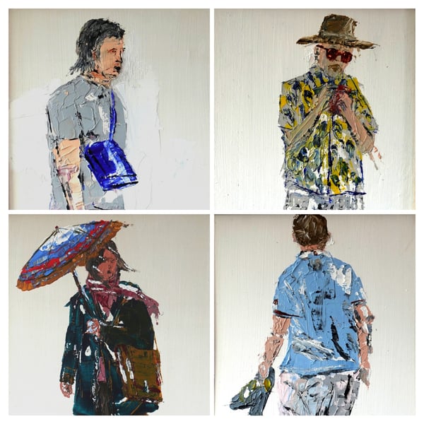 'Seaside', 4 oil knife paintings framed set 8.5x25inch (22x64cm).