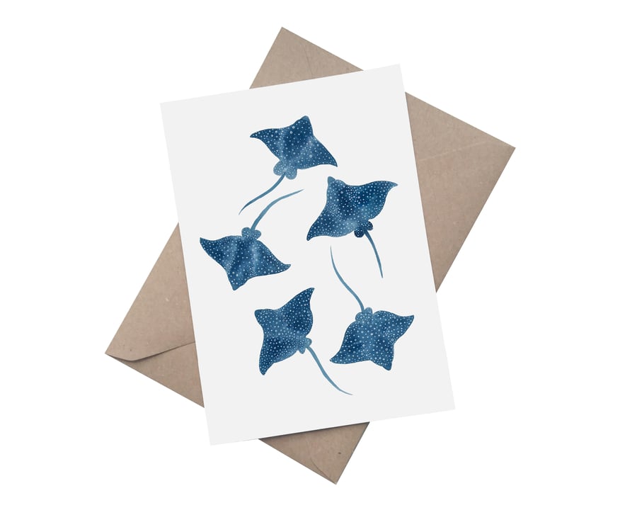 Watercolour Spotted Eagle Rays: A5 Blank Greetings Card 