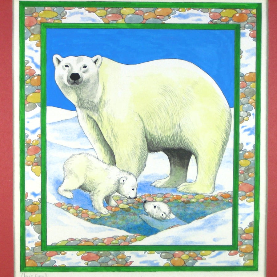 Arctic Scene, Polar Bear Mother and Babies Watercolour Painting