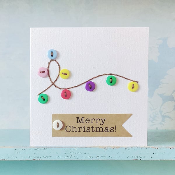 Hand Sewn Fairy Lights Card. Christmas Card. Embroidered Card. Button Card.