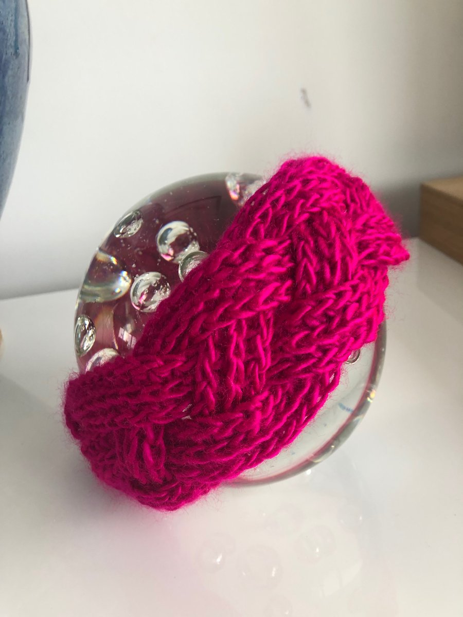 Twisted Celtic crochet headband bright pink Azalea yarn chunky 