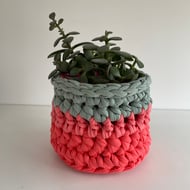 Crochet plant pot cover made with upcycled tshirt yarn - sage mini