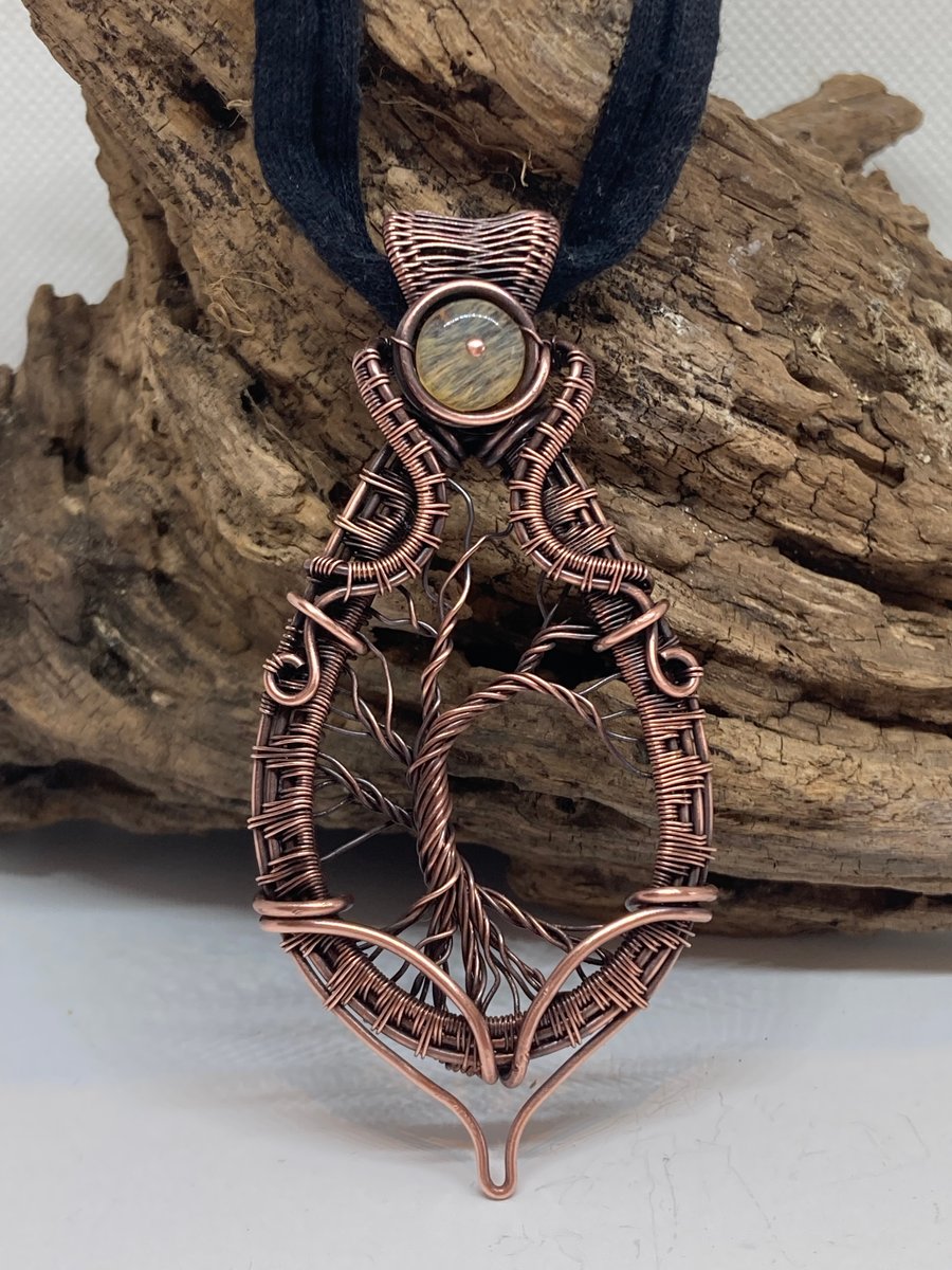 Tree of Life large wire weave pendant with Golden Quartz