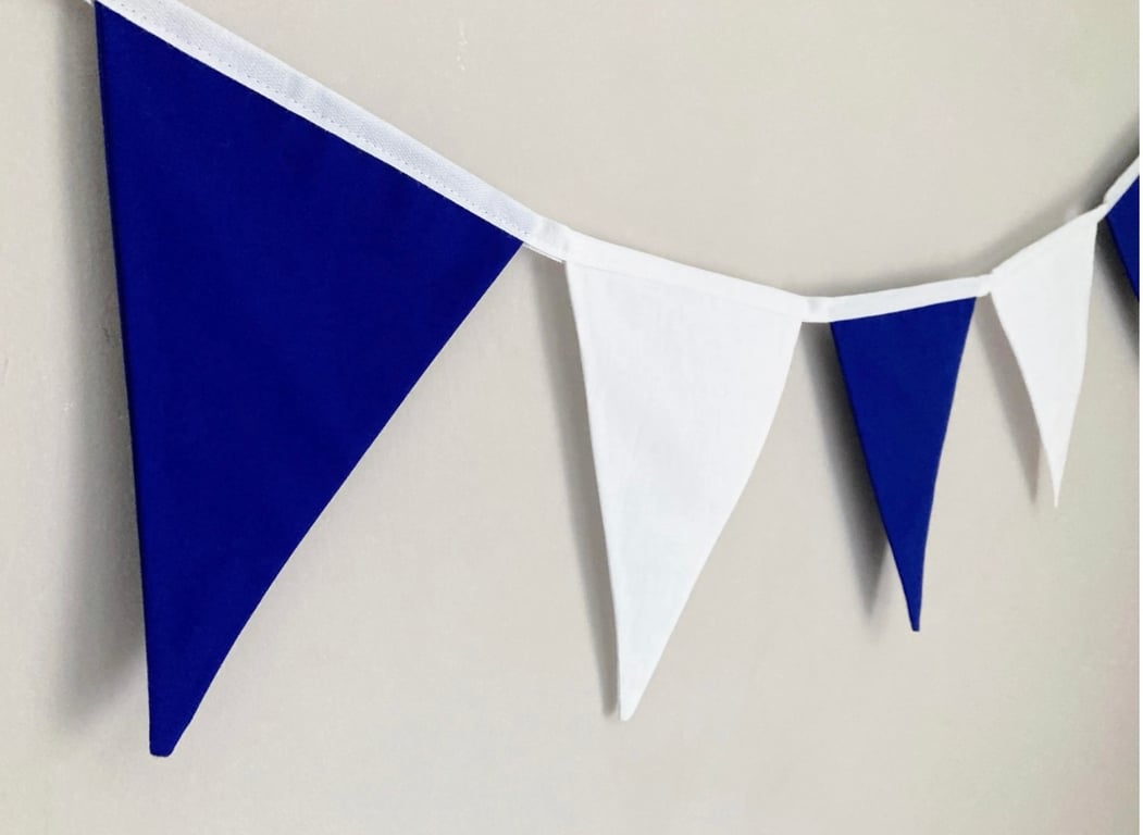 Blue and white cotton double sided bunting. 2 meters plus ties.