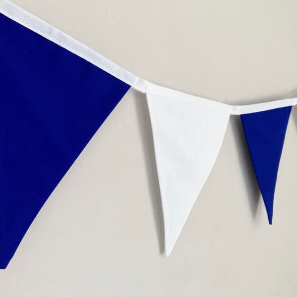 Blue and white cotton double sided bunting. 1 meter plus ties.