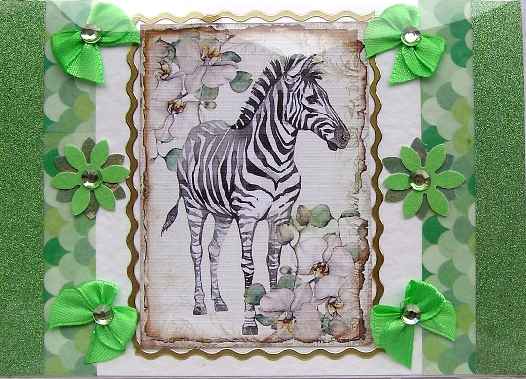 Zebra - Hand Crafted Decoupage Greeting Notelet Card - Blank - 2654