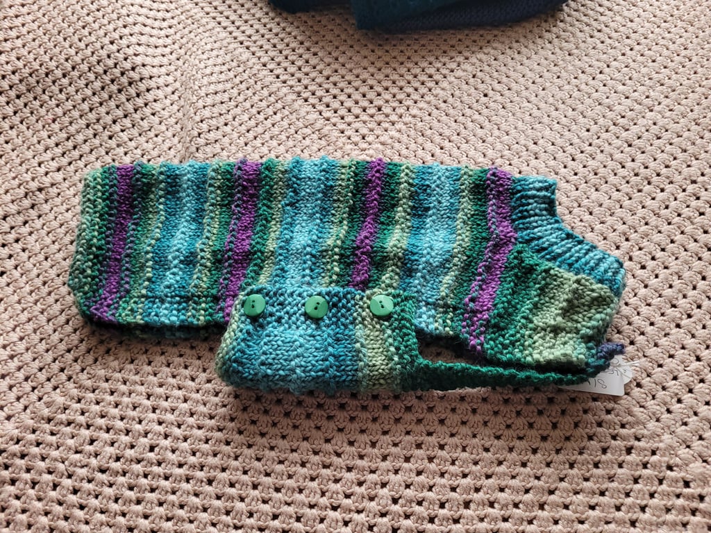 Chunky crew neck  dog coat. Multi coloured. Hand knitted 