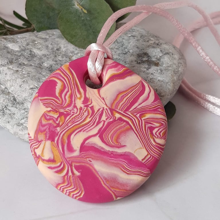 Hot pink, cream and gold round  polymer clay pendant