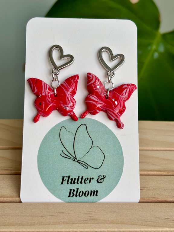 Red Marbled Butterfly Dangle Earrings 