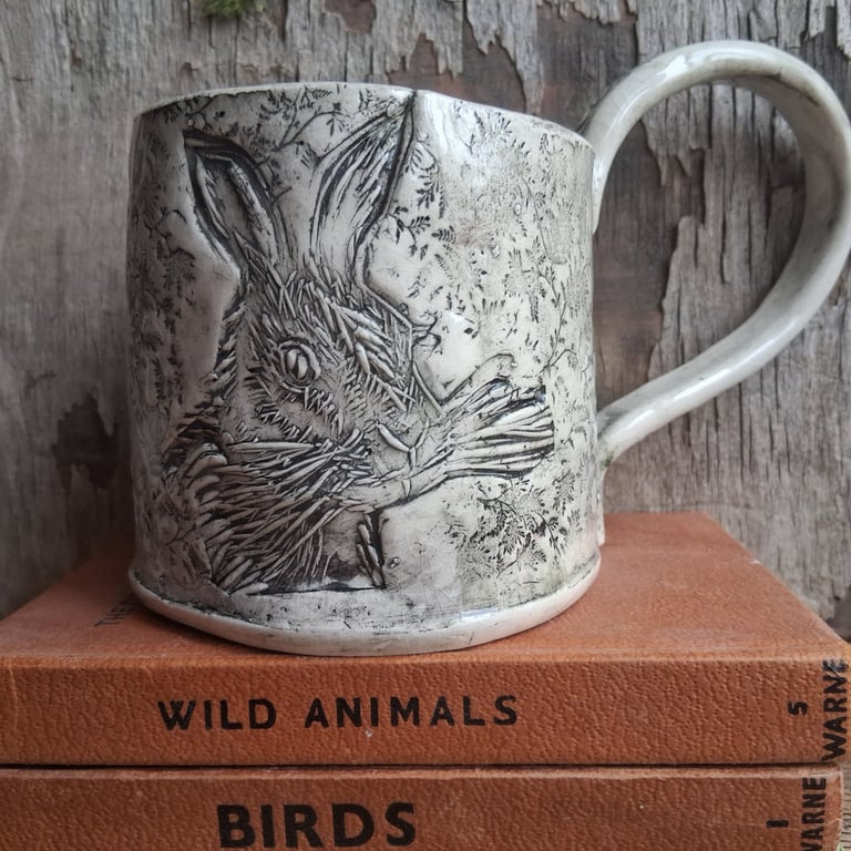 Ceramic handmade coffee mug large Hare black white green