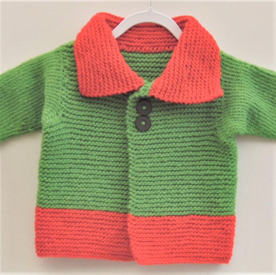 Baby's Red and Green Knitted Coat with Collar, Baby's Pram Coat, New Baby Gift