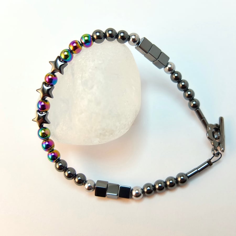Gunmetal Black, Silver And Rainbow Hematite Bracelet - Handmade in Devon.