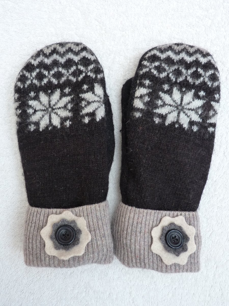 Wool mittens Created from Up-cycled Sweaters. Black & White. Plain Thumb.