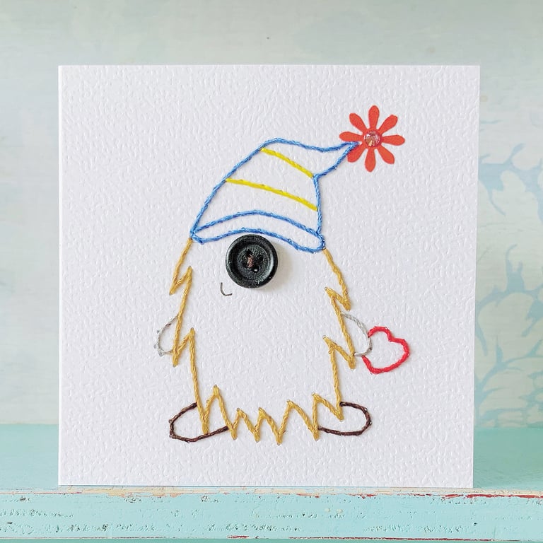 Hand Sewn Card. Scandinavian Gnome. Scandinavian Design. Gnomes. Christmas Card.