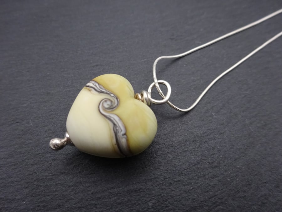 sterling silver chain, lampwork sandy brown glass heart pendant necklace