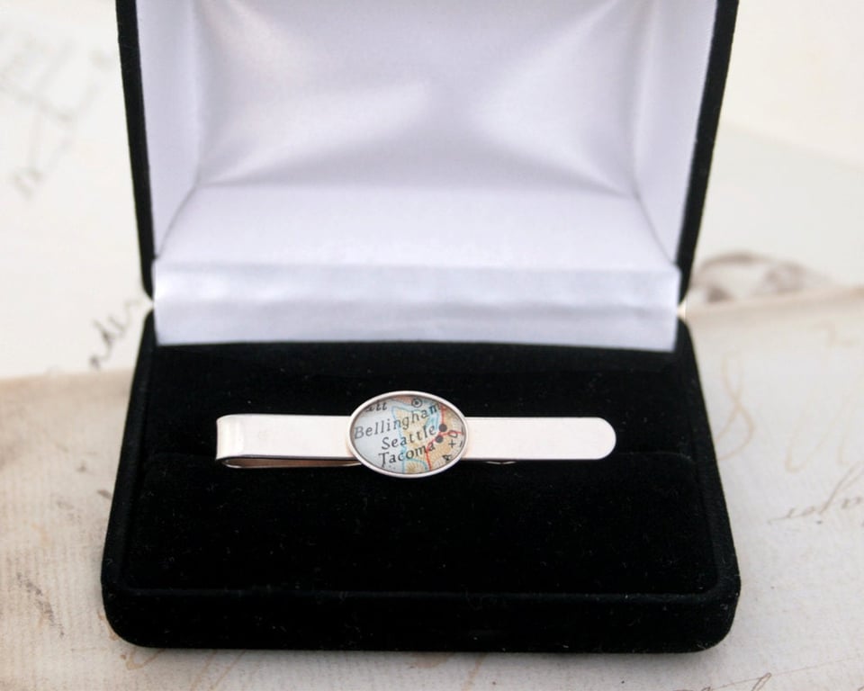 Sterling Silver Tie Bar Personalised with Map Destination, New job gift for him