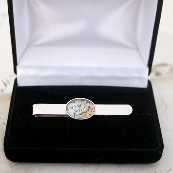Sterling Silver Tie Bar Personalised with Map Destination, New job gift for him