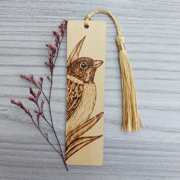 Handmade Reed Bunting Pyrography Wood Bookmark. Bird Lovers Gift.