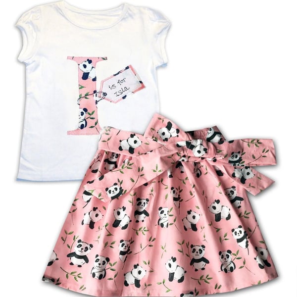 Girl's Panda Personalised Skirt and T-shirt Outfit