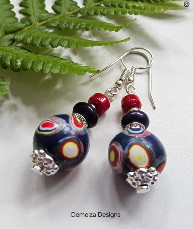 Hand Made Polymer Clay Beads, Red Coral & Howlite Gold Plate Earrings