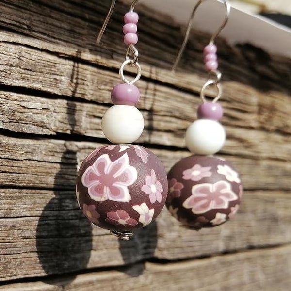 Lilac, white, and purple flower bead stack drop earrings