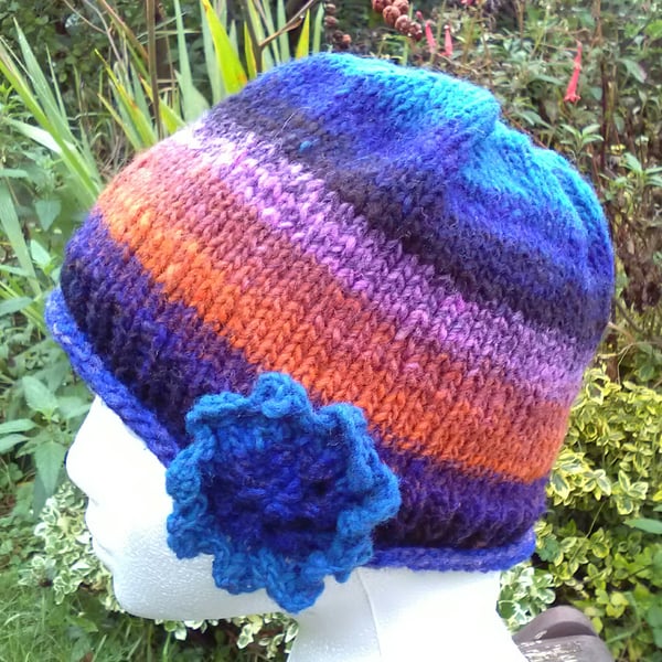Handknit Noro single flowered Hat 100% Wool Blue Orange