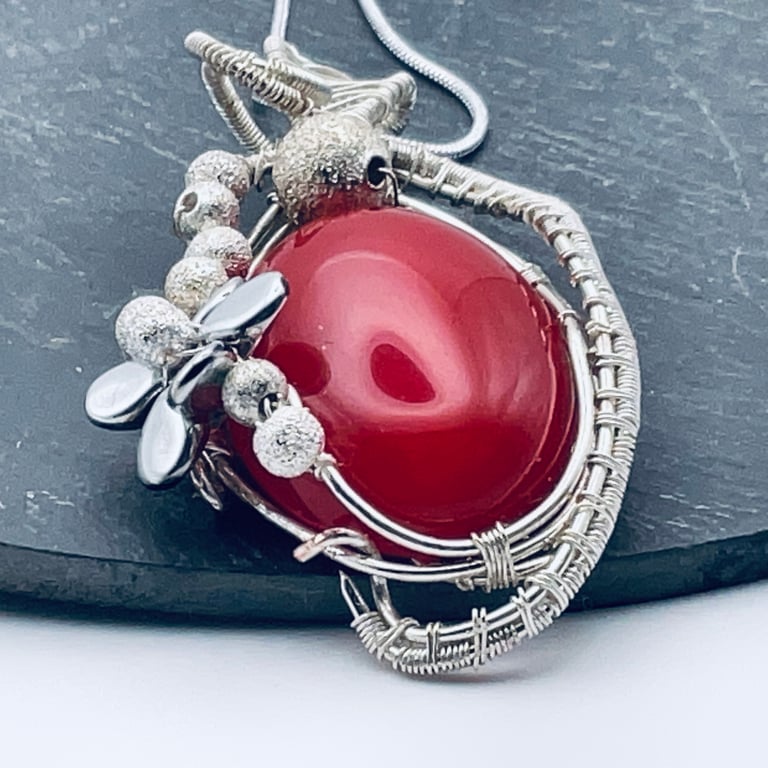 Joyful red jasper cabochon, silver plated wire wrapped pendant