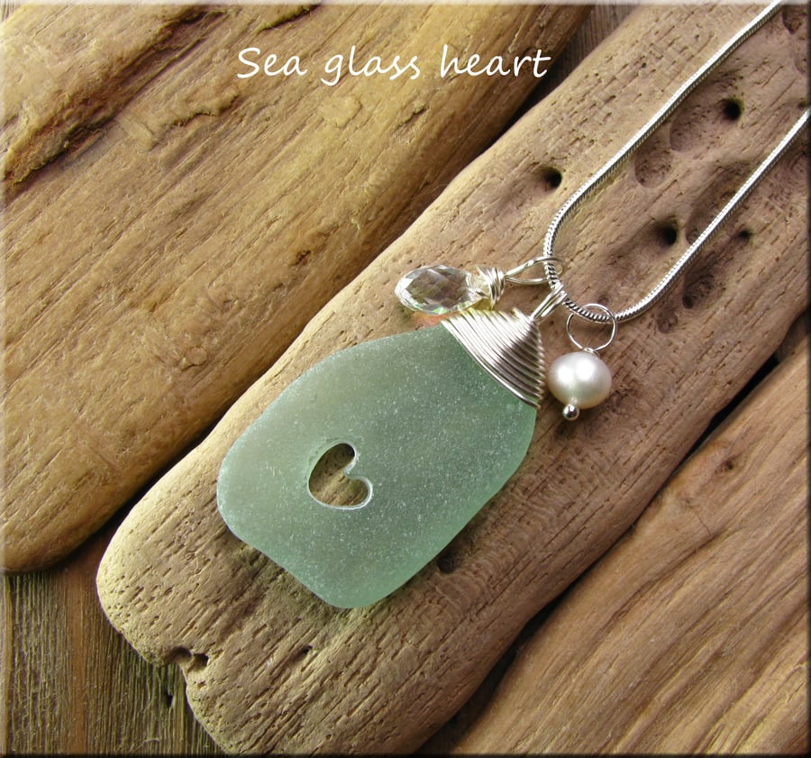 Natural sea glass heart pendant 
