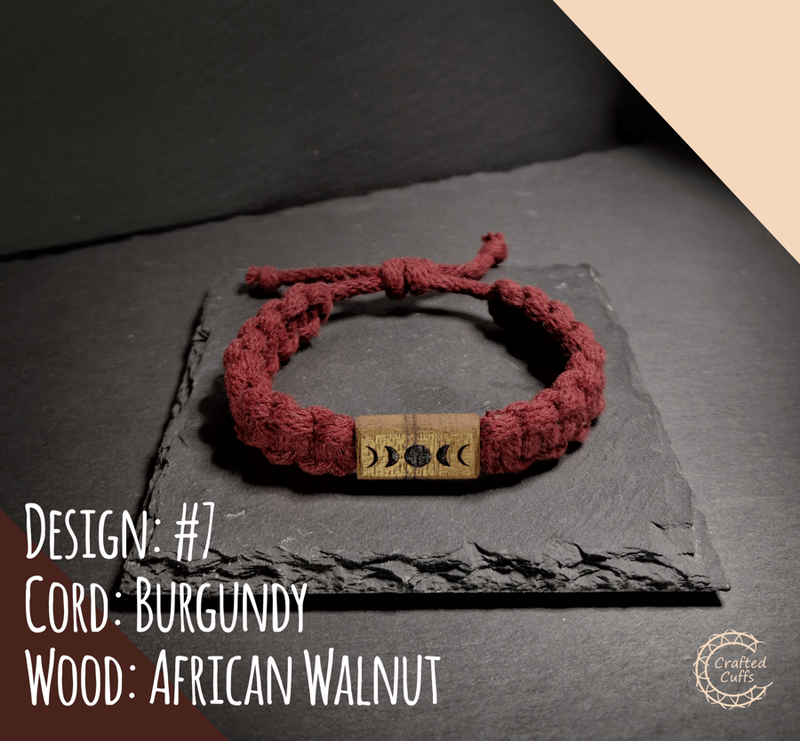  Moon Cycle Engraved African Walnut - Braided Cotton Bracelet 3mm  