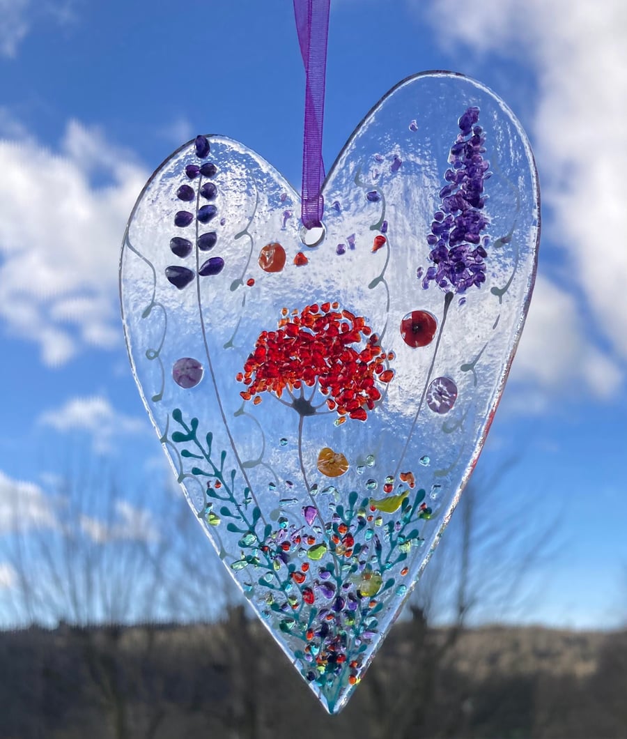 Floral love heart fused glass hanging sun catcher Red & Viiolet