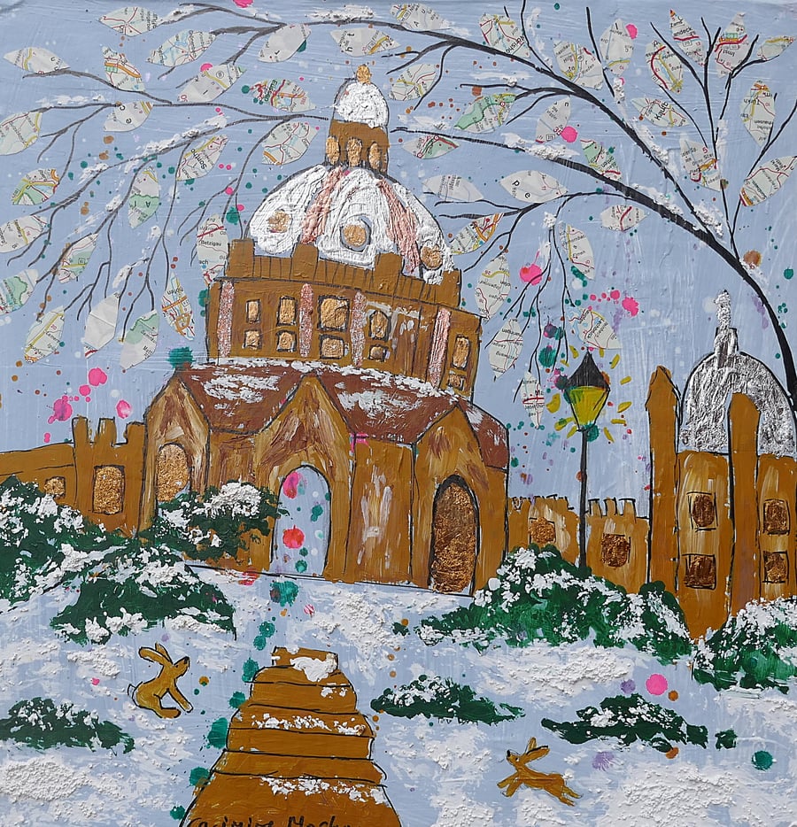 Oxford Radcliffe Camera in the Snow with Rabbits Mixed Media painting  12" x 12"