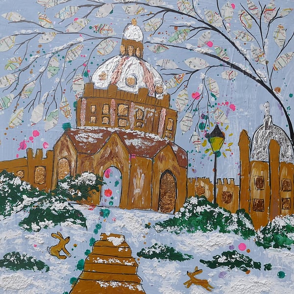 Oxford Radcliffe Camera in the Snow with Rabbits Mixed Media painting  12" x 12"