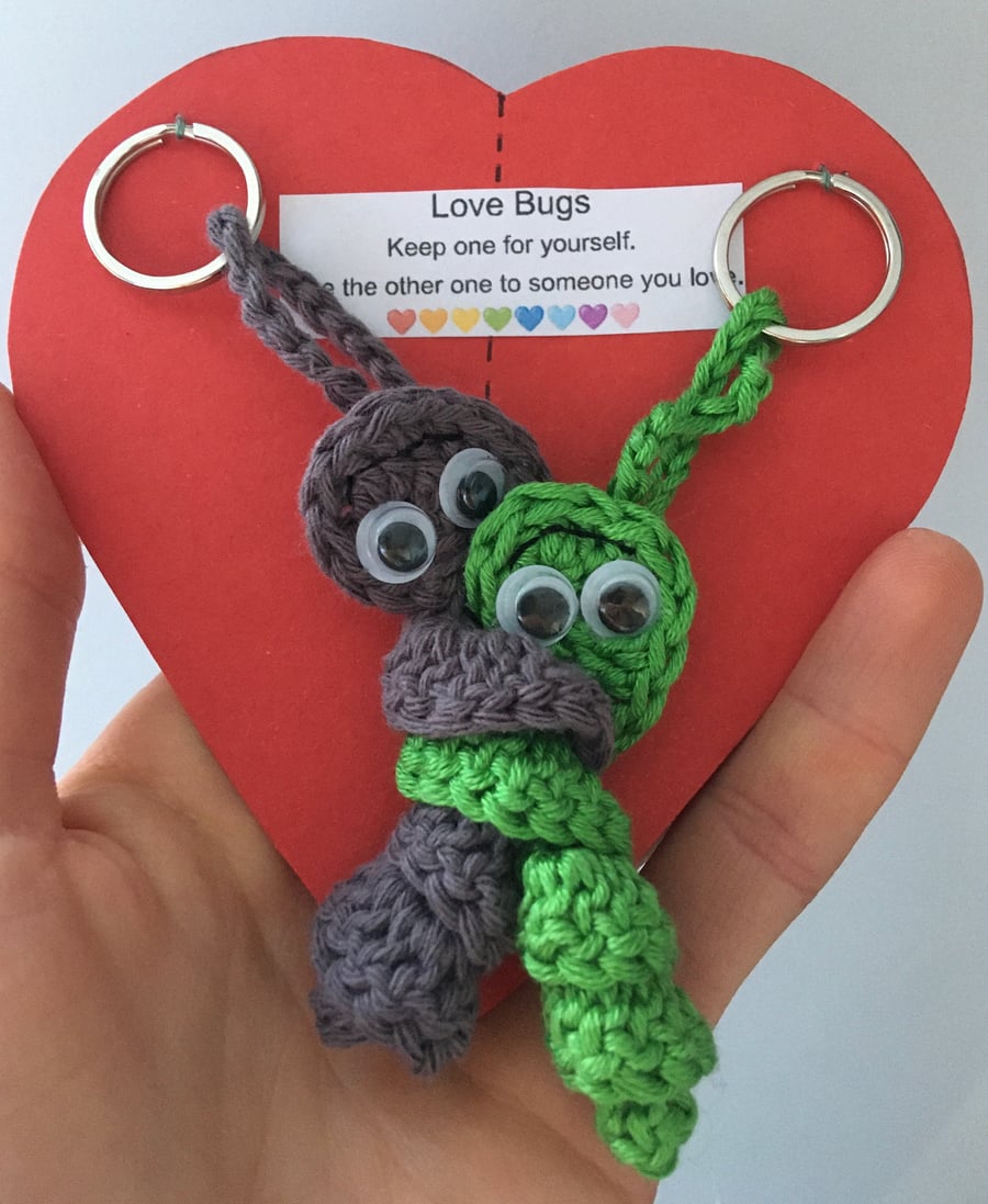 Crochet Love Bug Keyring - Green And Black - Valentines Gift