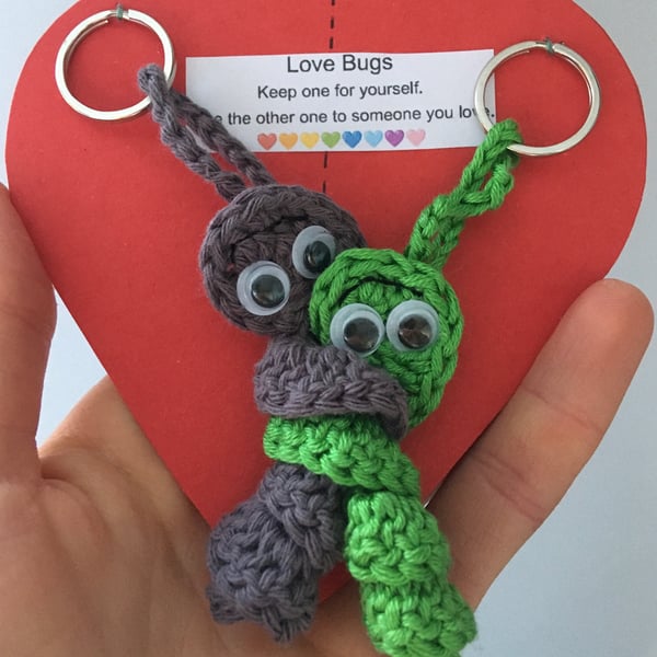 Crochet Love Bug Keyring - Green And Black - Valentines Gift