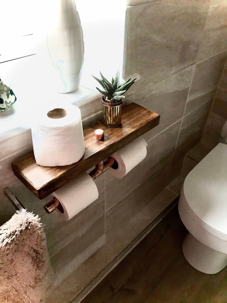 Toilet Roll Holder with Timber Shelf, Double Copper Pipe, Iron Flange, Beautiful