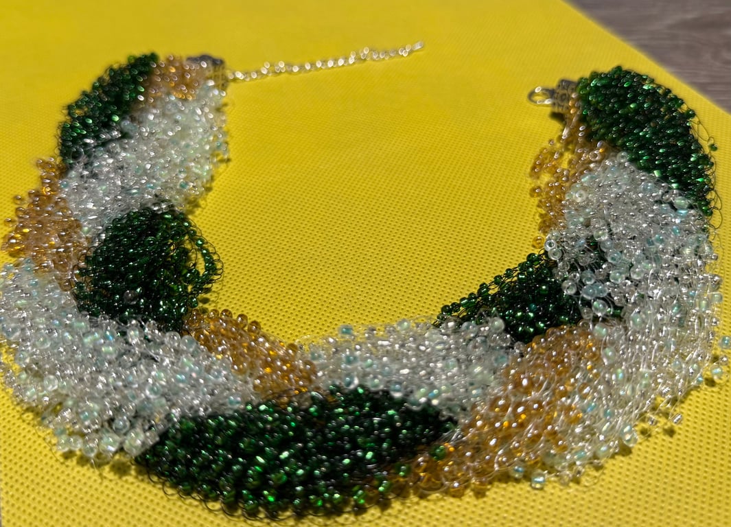 Air Necklace with green, light green and gold Beads