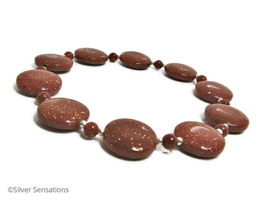 Sparkly Tan Brown Goldstone Coin Beads & Sterling Silver Stretch Bracelet