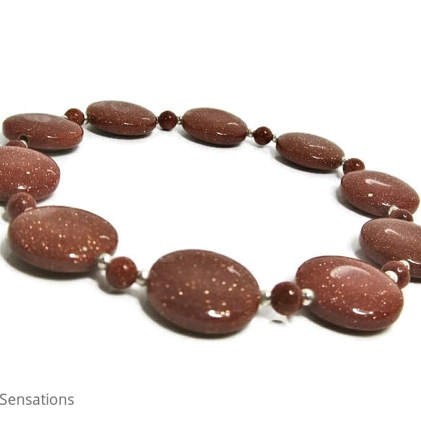 Sparkly Tan Brown Goldstone Coin Beads & Sterling Silver Stretch Bracelet