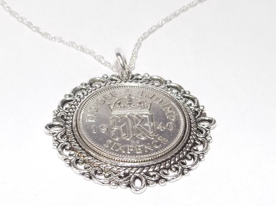 Fancy Pendant 1940 Lucky sixpence 81st Birthday plus a Sterling Silver 18in Chai