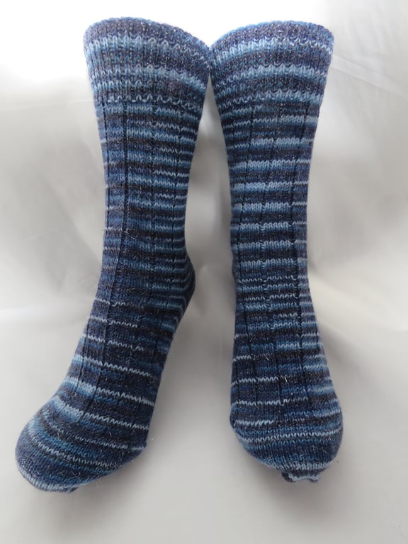 Hand-cranked Sparkly Knitted Ribbed Wool Socks Size 4 to 5