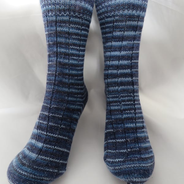 Hand-cranked Sparkly Knitted Ribbed Wool Socks Size 4 to 5