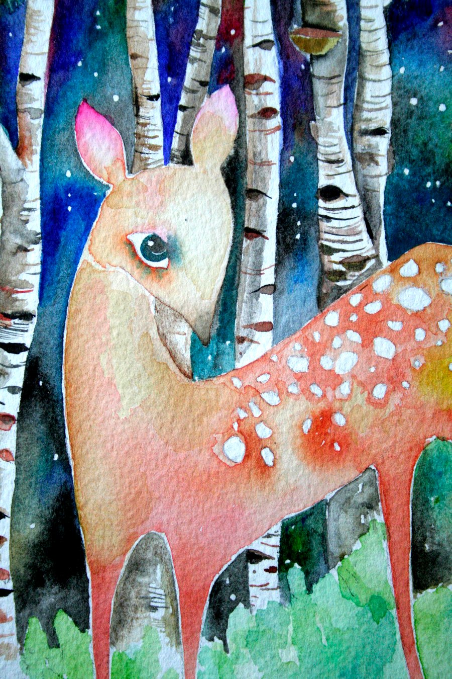 Watercolour Deer & Birch Trees