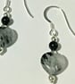 Rutilated Quartz Heart shaped Gemstone & Black Agate Earrings. 925 Silver Hooks