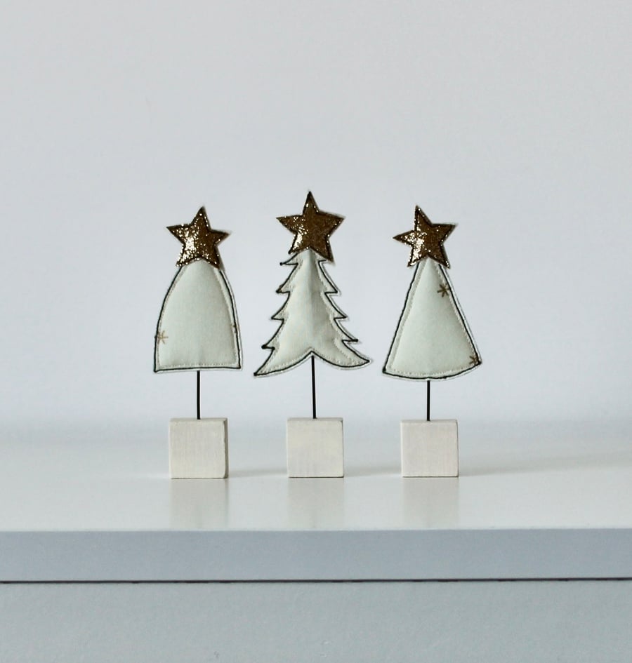 Three Christmas Trees with Painted Wooden Block Stands